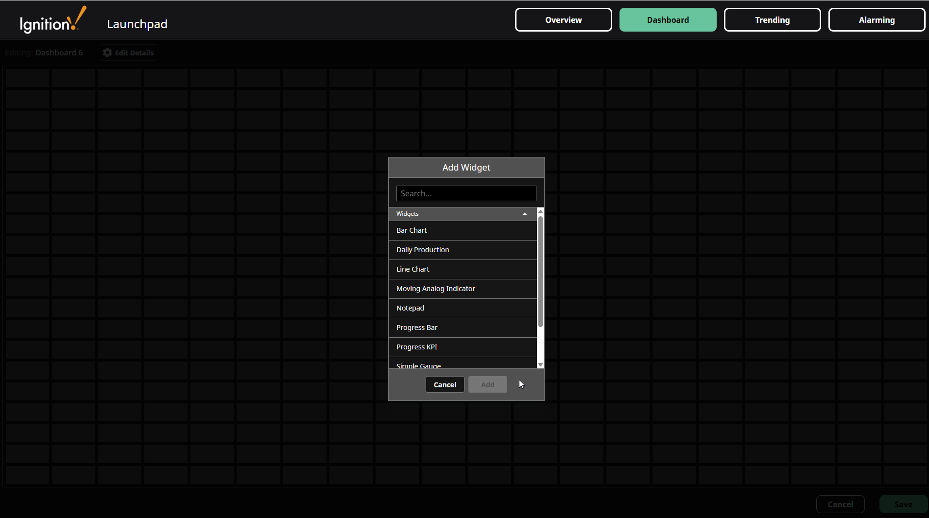 Dashboard Add Widget